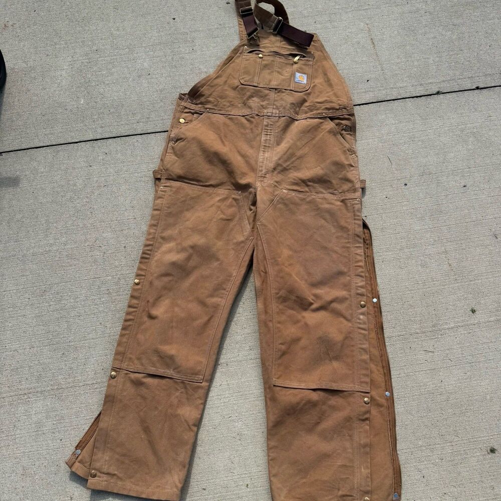 Carhartt R37 Duck Zip-to-Thigh Bib Overalls Brown 44x34 Canvas Workwear